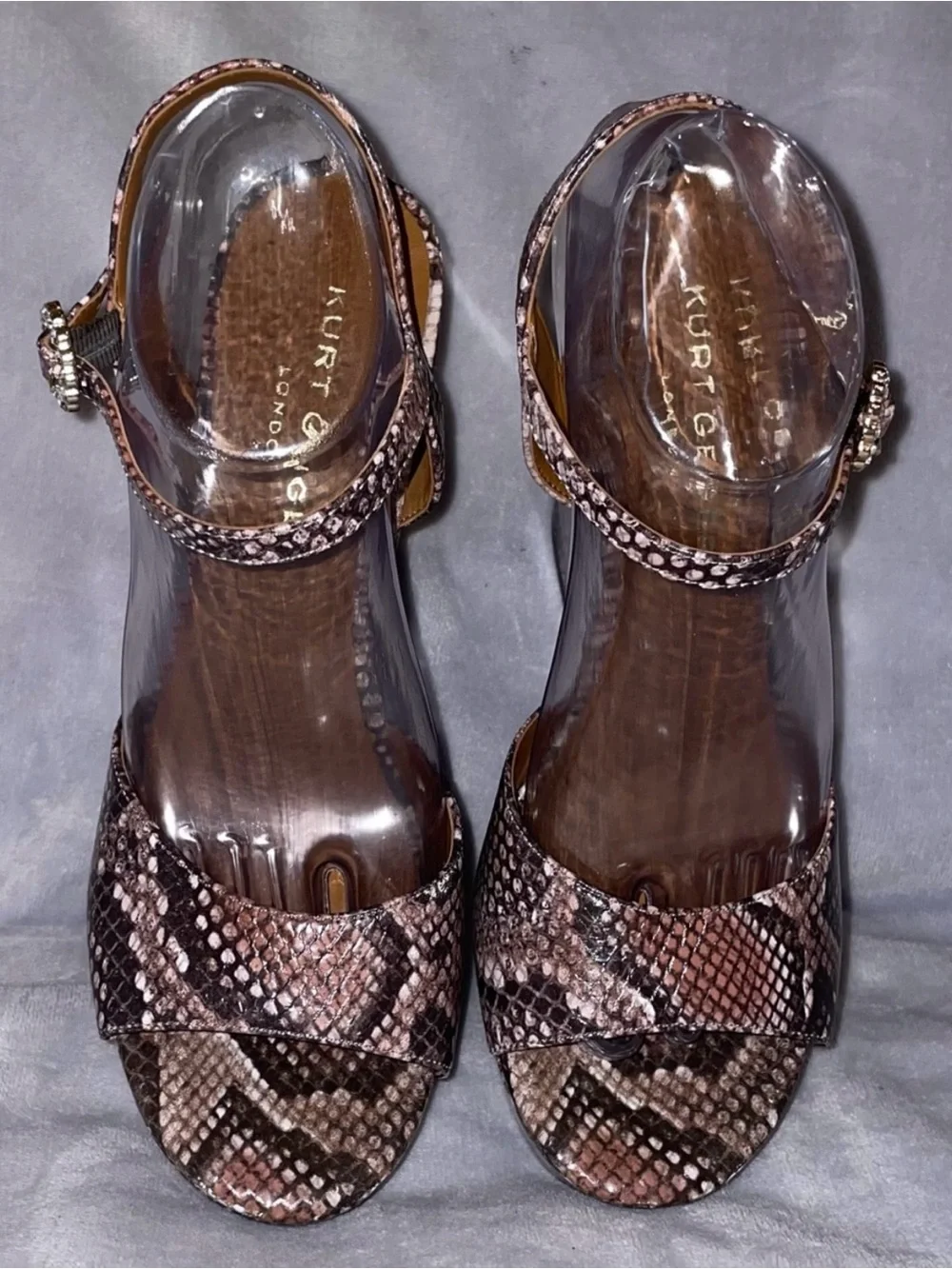 Womens Brown Snake-Print Wedge Sandals with Rhinestone Buckle